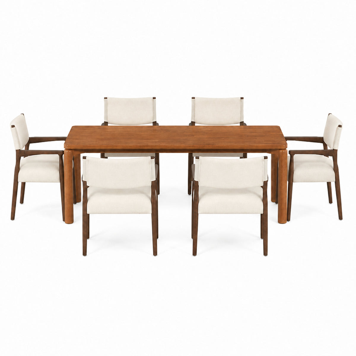 7-Piece Rectangular Dining Table Set, 70-Inch Walnut Rubber Wood with Beige Upholstered Chairs