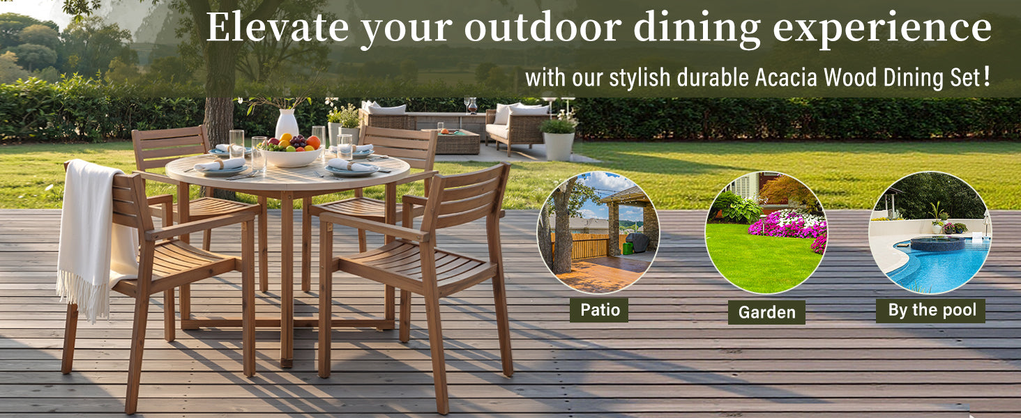 U-Style 5-Piece Outdoor Dining Set with 4 Acacia Wood Chairs