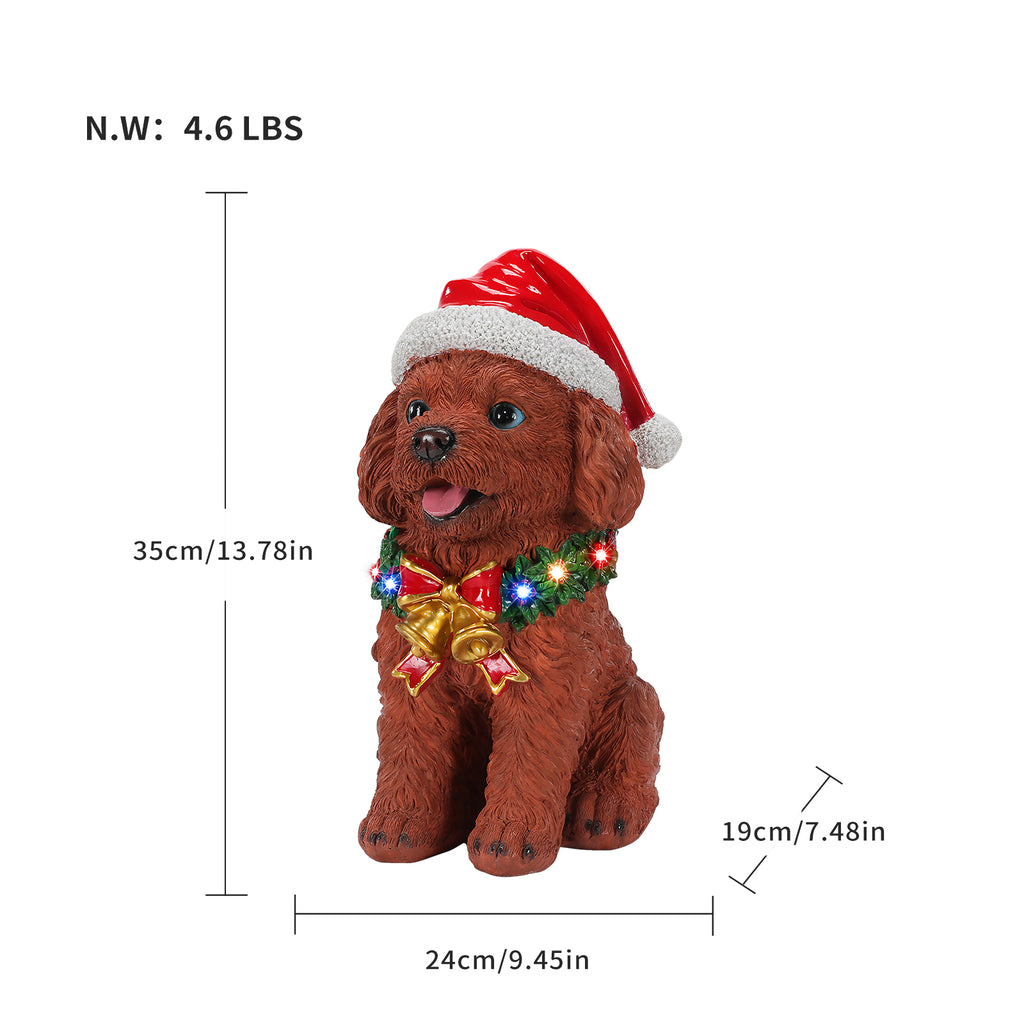 Lighted Christmas Teddy Poodle Dog Statue, Santa Hat Puppy Figurine with LED Wreath and Bells