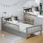 Twin Size Bed with Headboard Storage Rack and Under-Bed Drawers