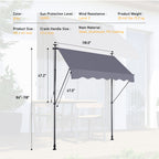 Manual Retractable Awning - 118'' Non-Screw Outdoor Sun Shade Cover