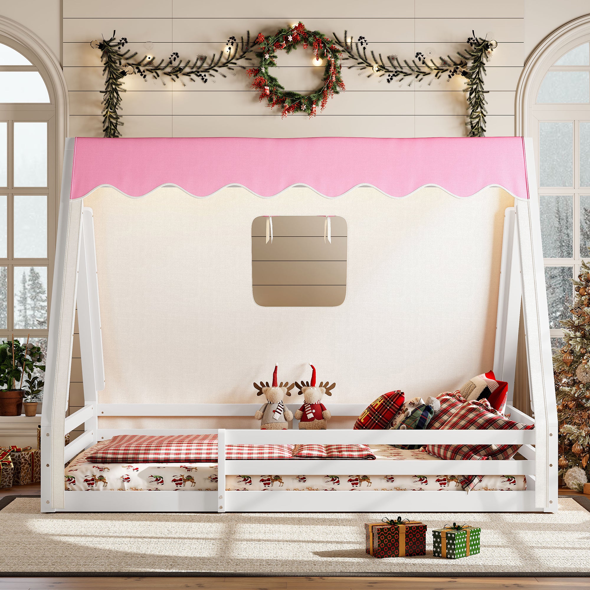 Full Size House Floor Bed with Tent and Light