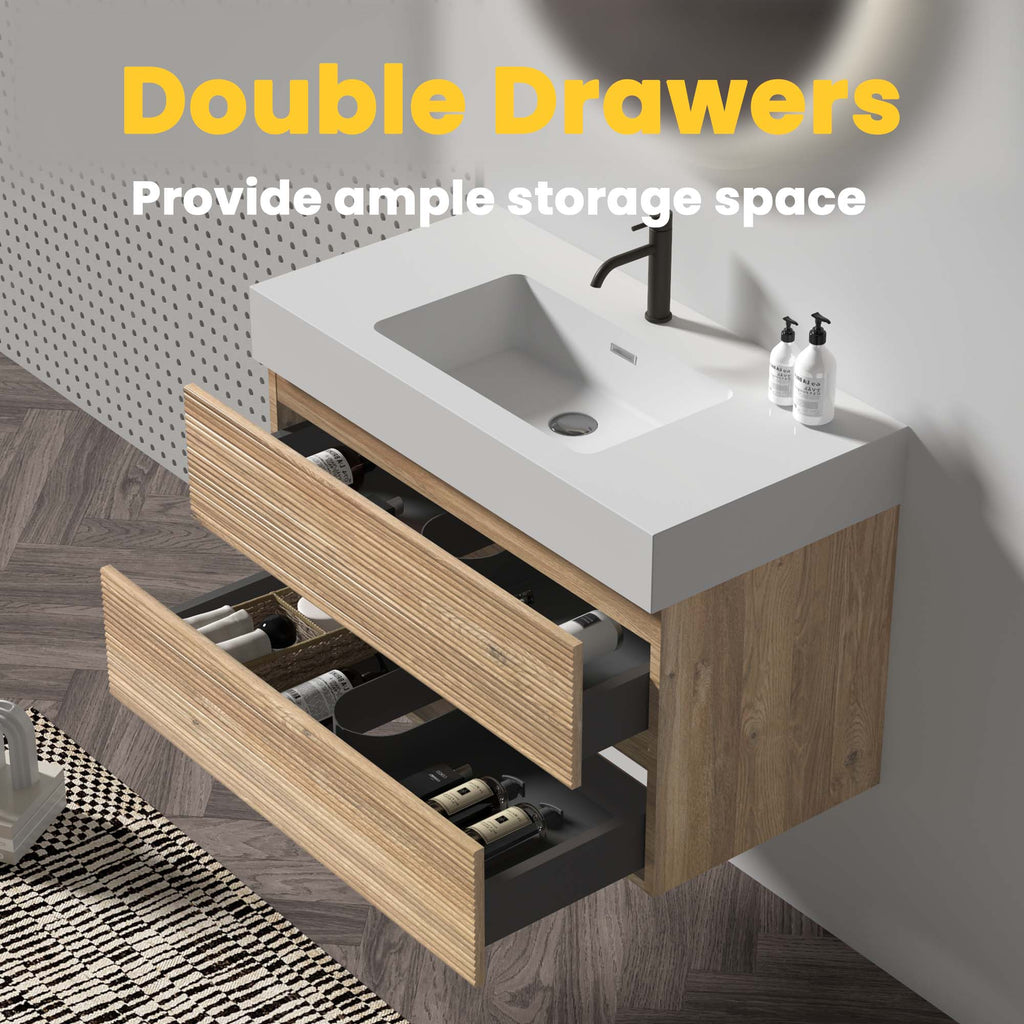Grace 36-Inch Wall-Mounted Bathroom Vanity, Oak and Glossy White