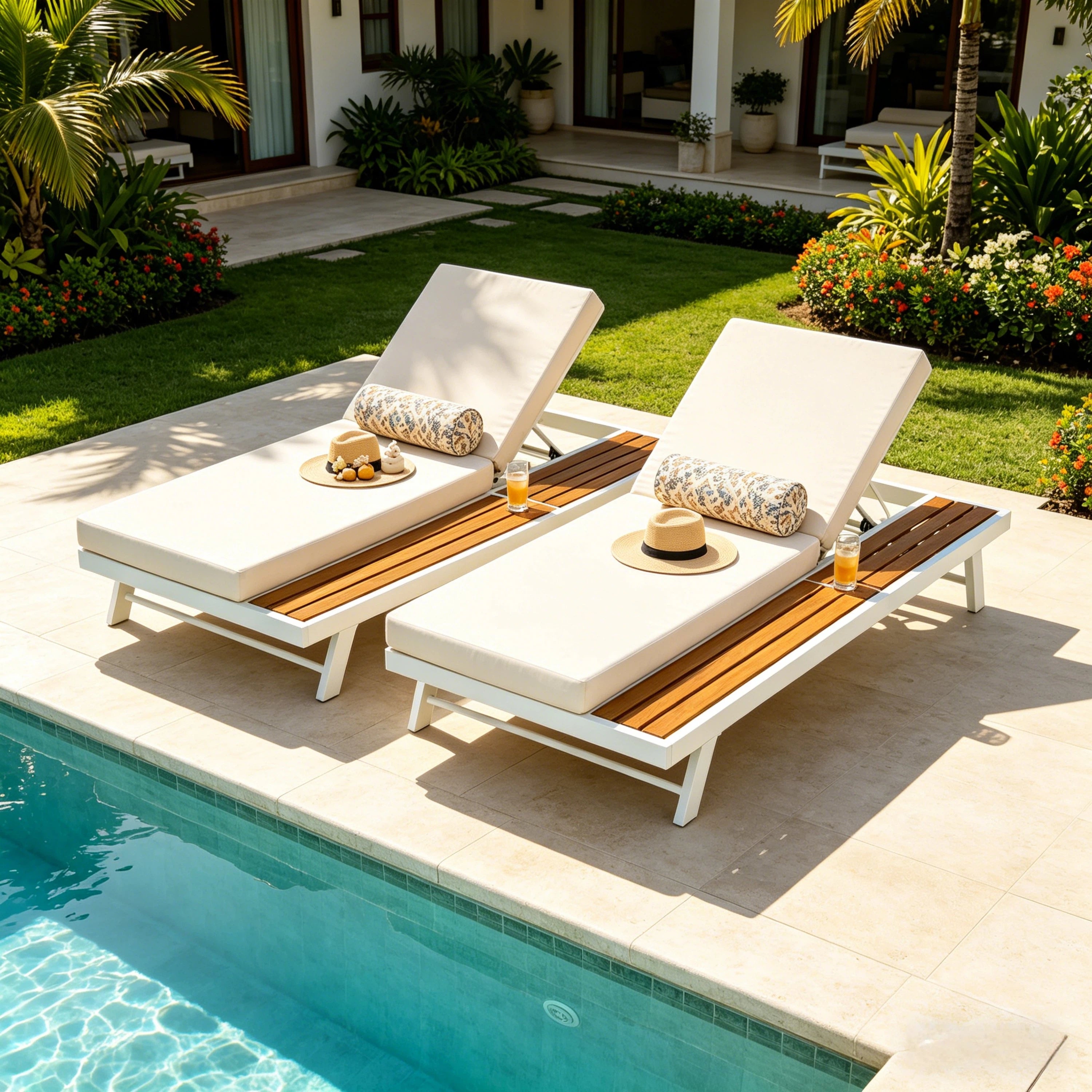 White Iron and Teak Finish Chaise Lounge Set