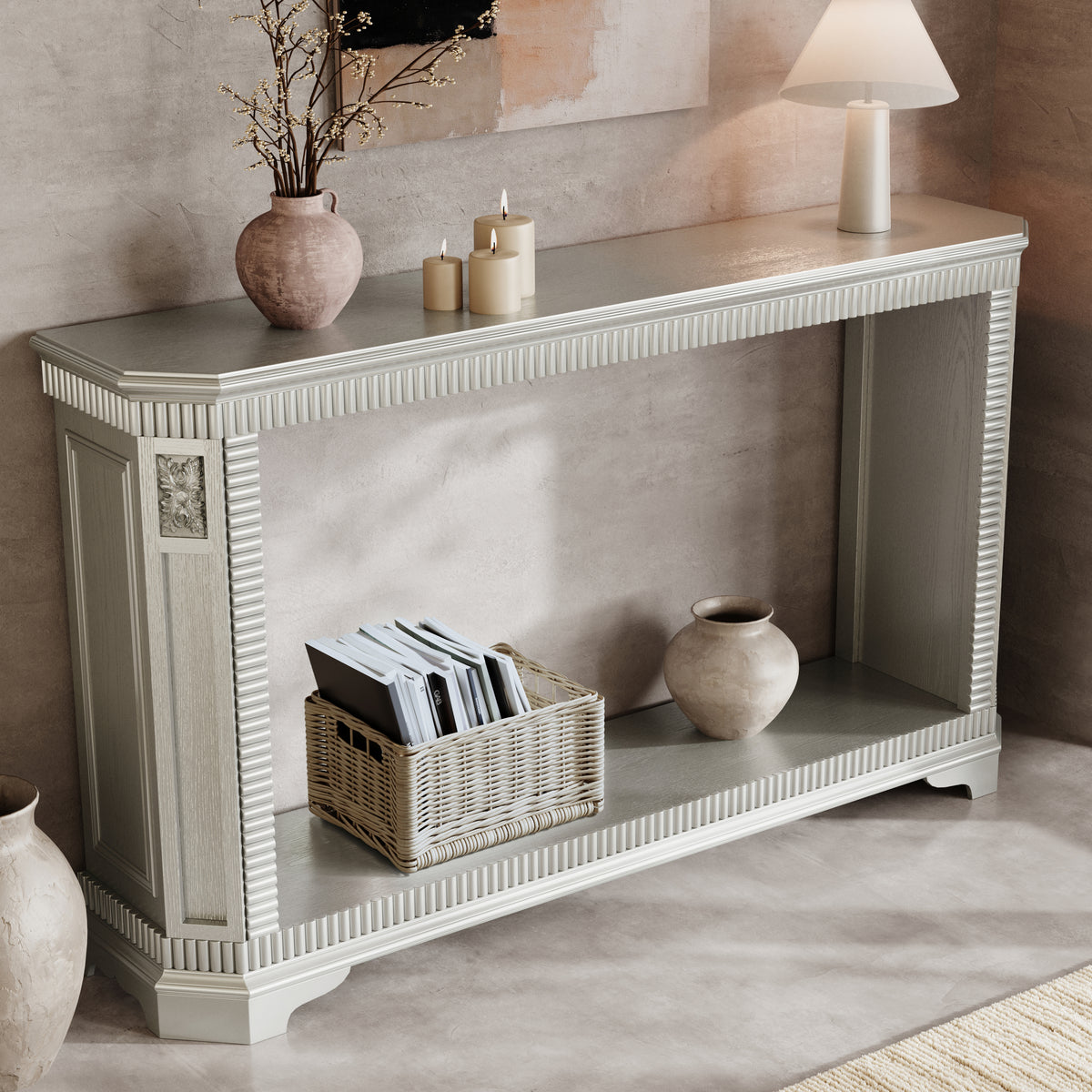 55-Inch Retro Carved Sofa Table, 2-Tier Open Storage, Champagne Silver