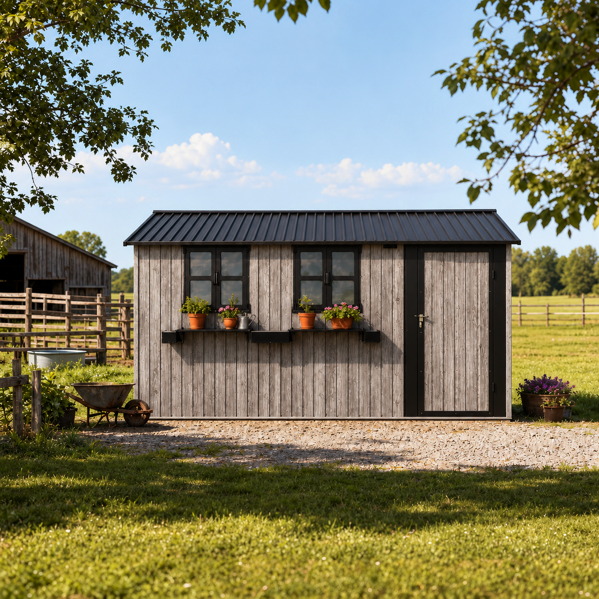 12x10 FT Outdoor Metal Storage Shed, Grey and Black, with 3 Windows and Flower Rack