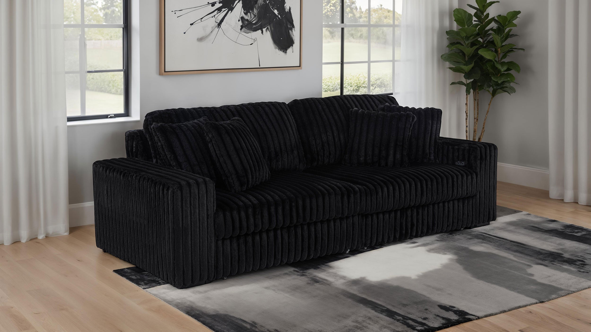 Jacana Corduroy Upholstered Dual Power Chaise Sofa Black-