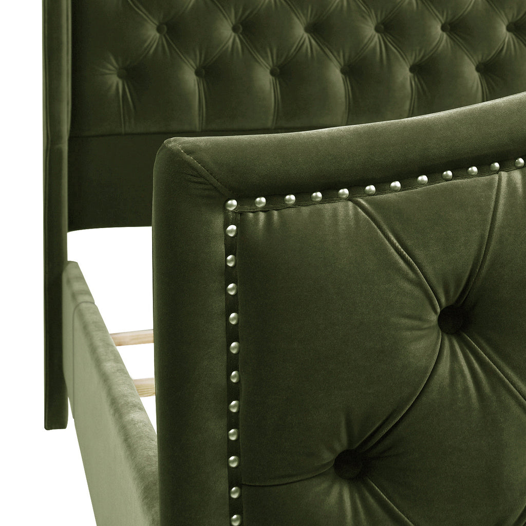 Marcella Upholstered Shelter Headboard Bed Set, Queen, Olive
