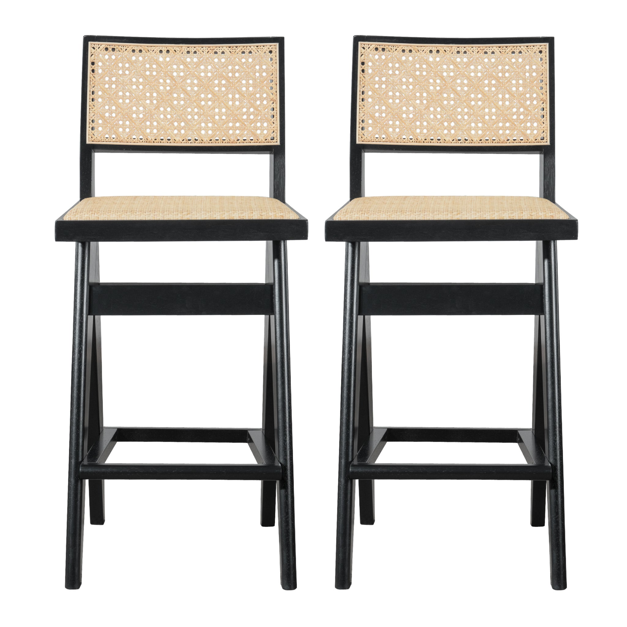 Keira Mid-Century Rattan Bar Stool Set of 2 with Leather Seat