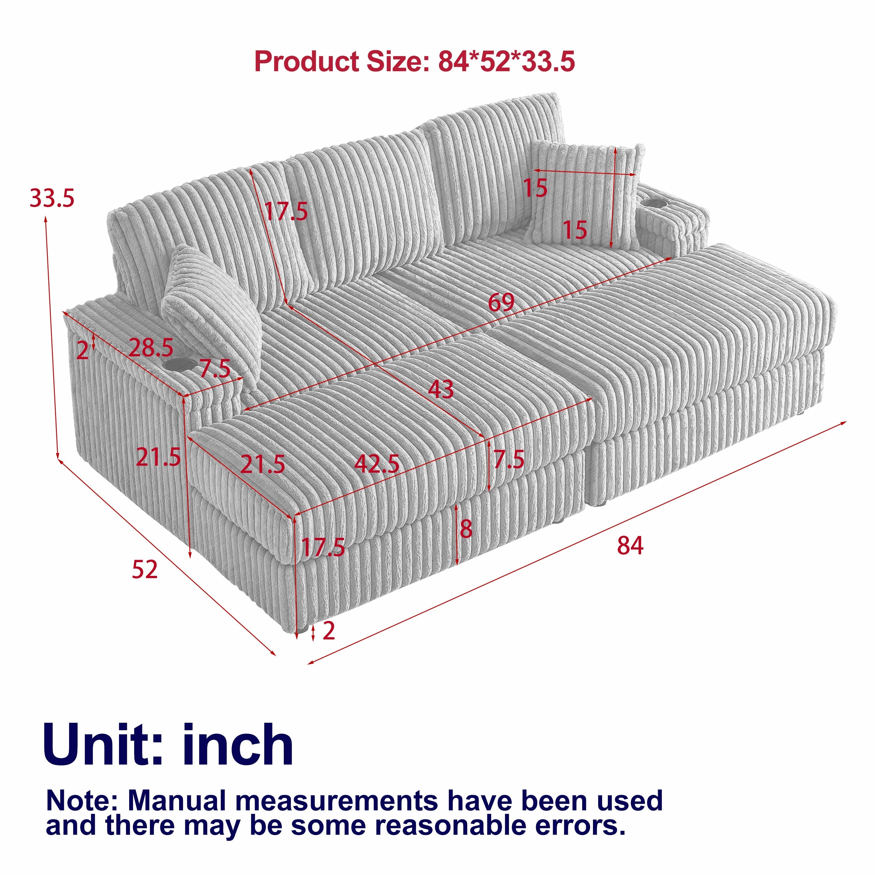 84-Inch Corduroy 3-Seater Sofa with Pillows and Ottomans