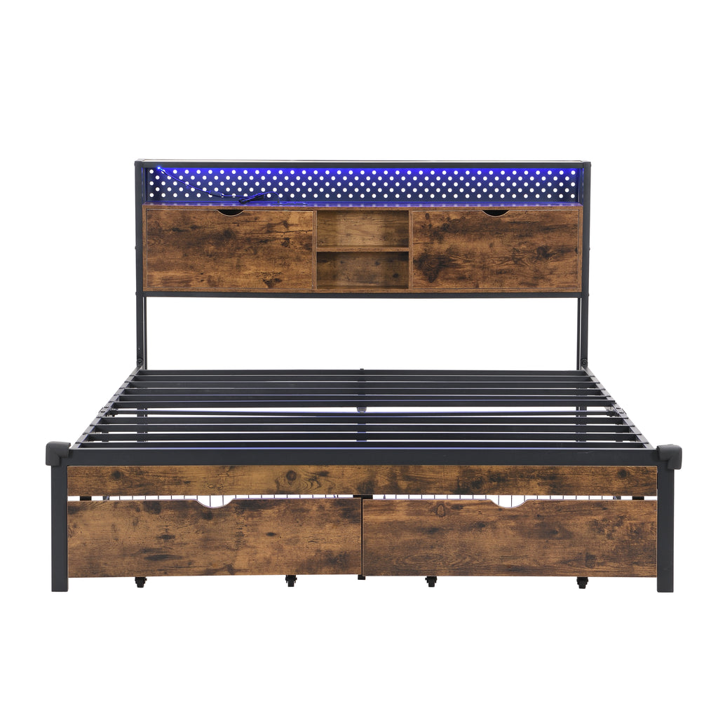 Queen Size Metal Platform Bed Frame with Wooden Headboard