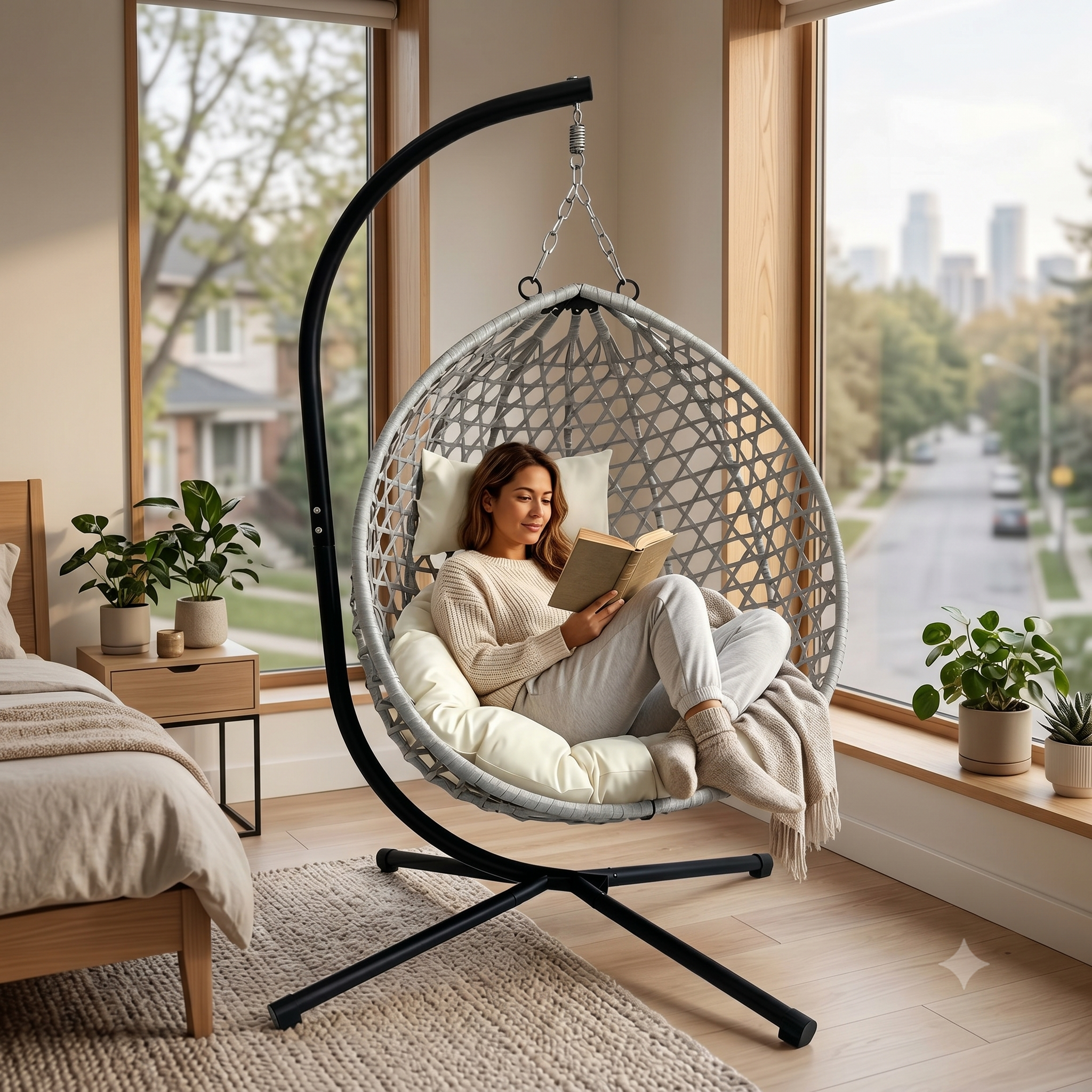 Foldable Hanging Egg Chair with Stand, HDPE Rattan Wicker