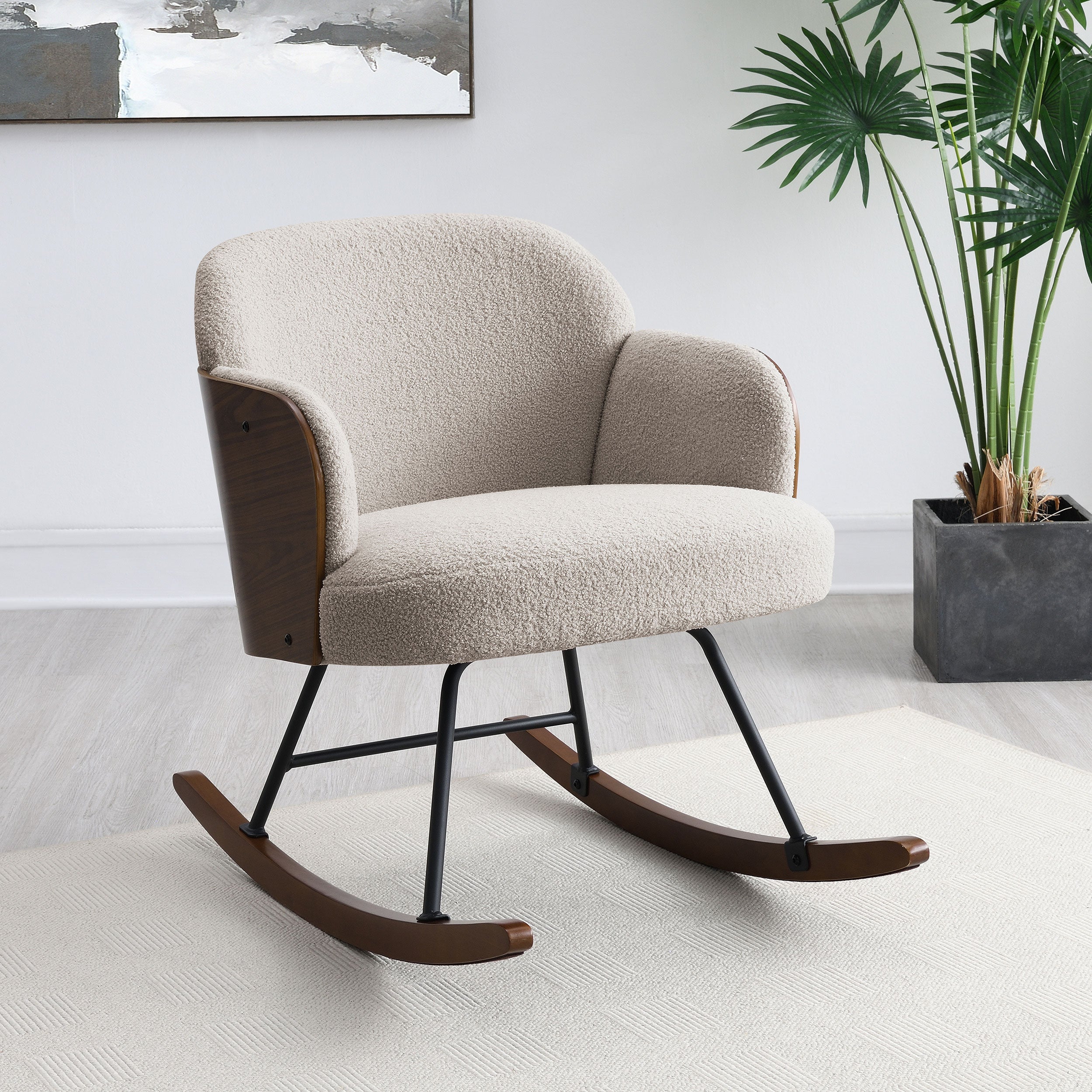 Paige Boucle Upholstered Mid Back Rocking Chair Beige-