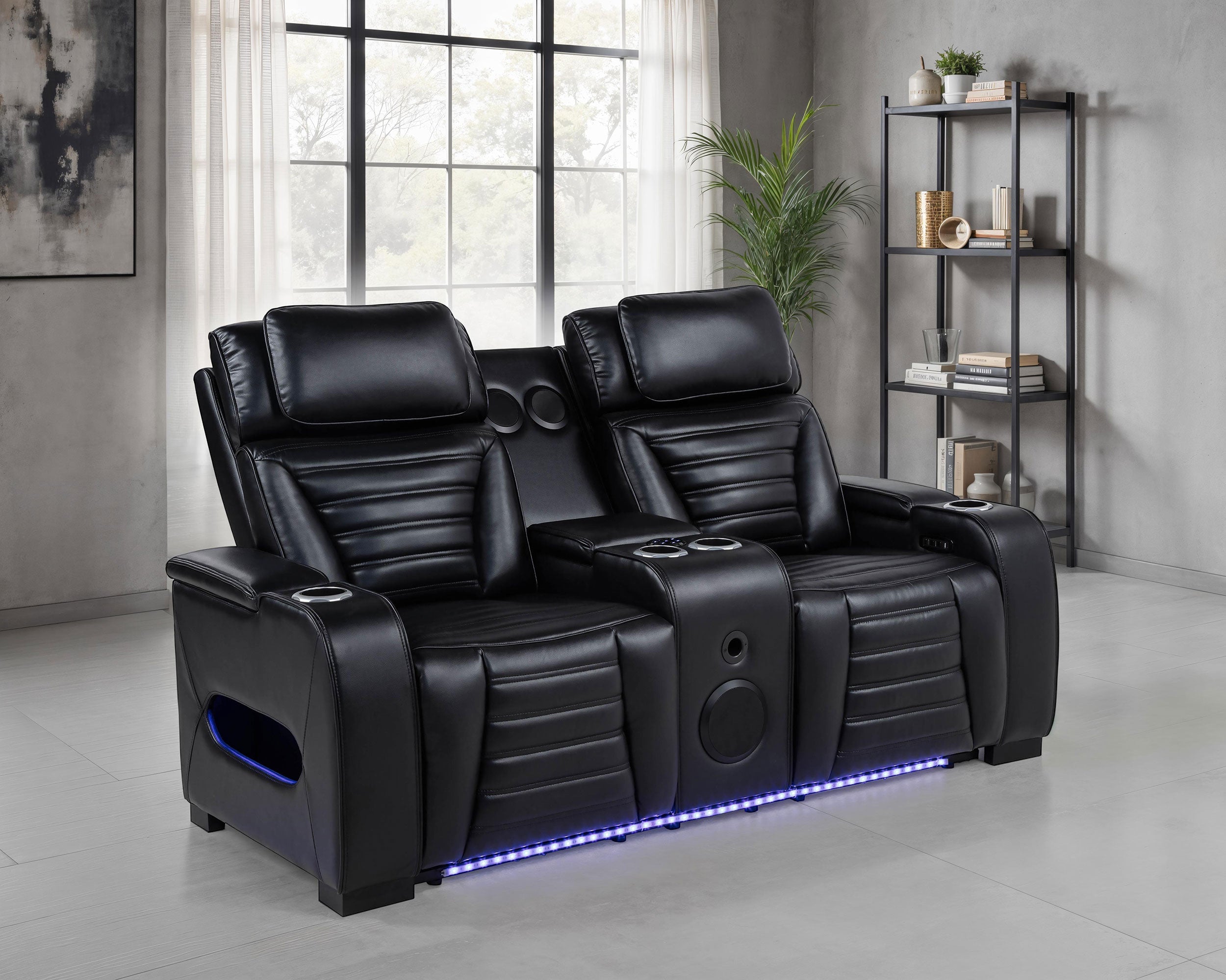 Zuma Faux Leather Dual Power Reclining LED Loveseat Black-