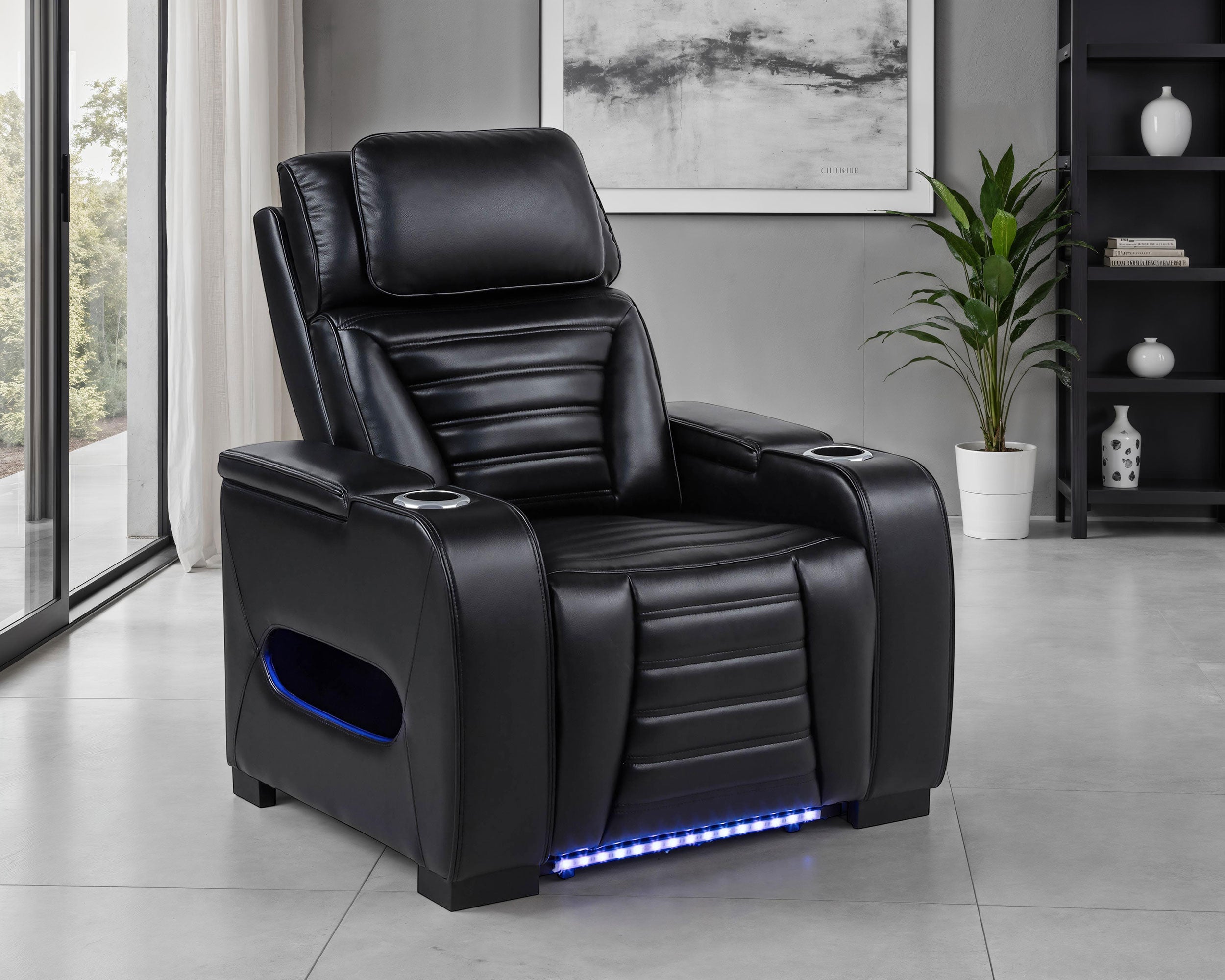 Zuma Faux Leather Upholstered Dual Power LED Recliner Black-