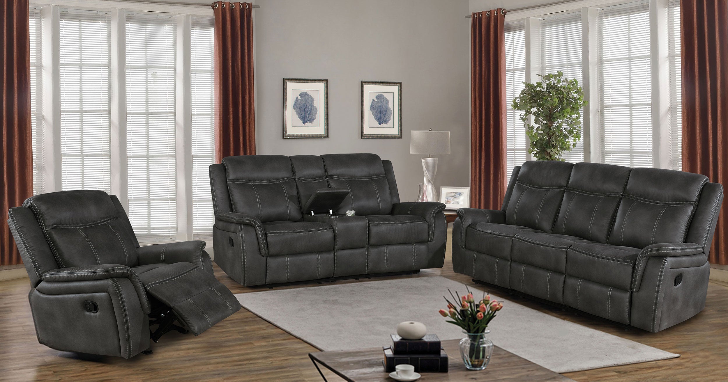 Lawrence Upholstered Padded Arm Reclining Loveseat Charcoal-CoasterEveryday