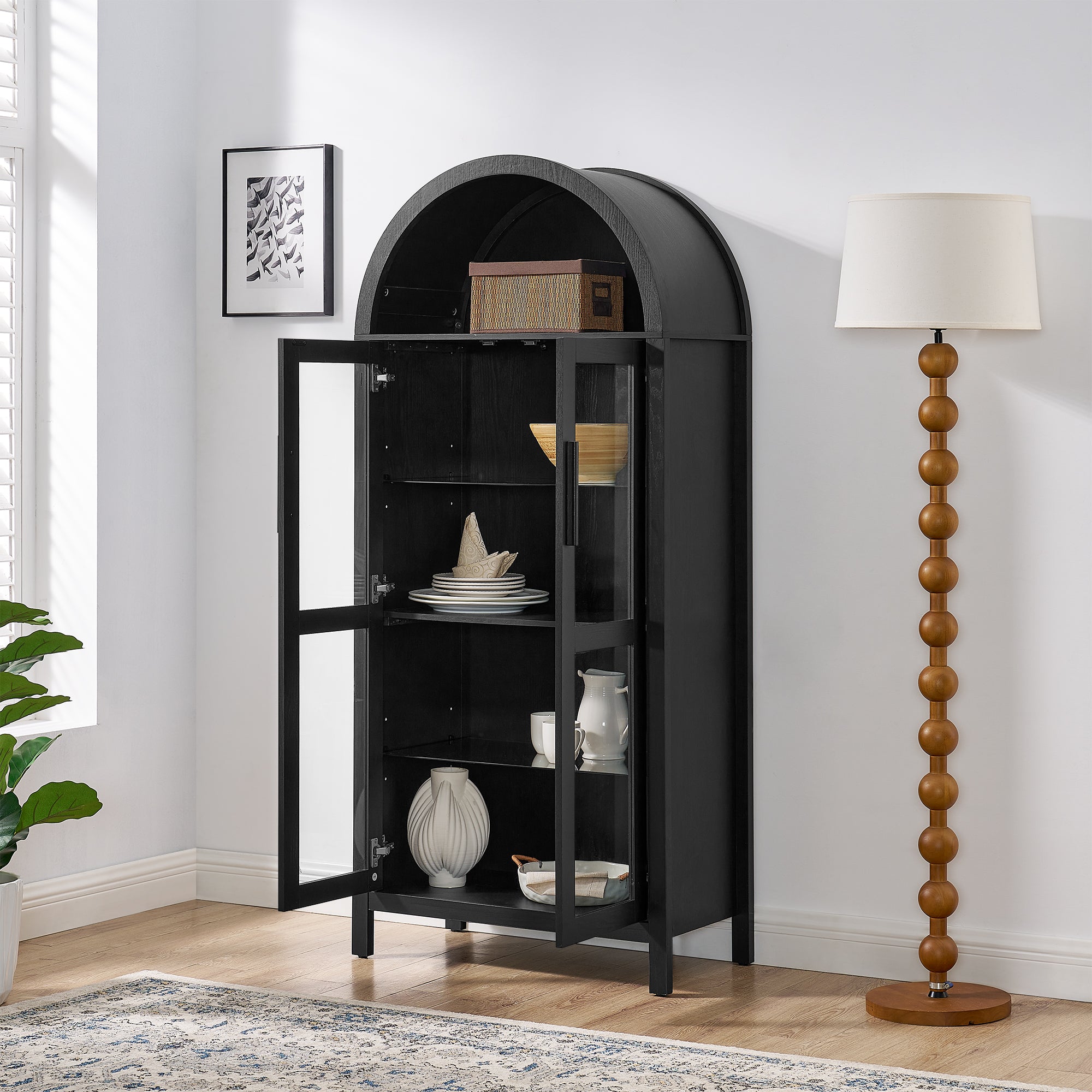 High Arched Storage Cabinet with Lamp - Black