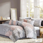 Printed Cotton Sateen Comforter Set - Grey/Peach - Cal King