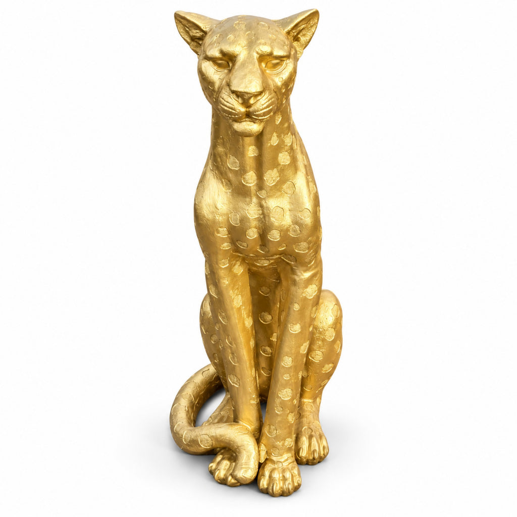 Gold Leopard Statue, 33.86 Inch Tall, Resin Fiberglass Seated Sculpture