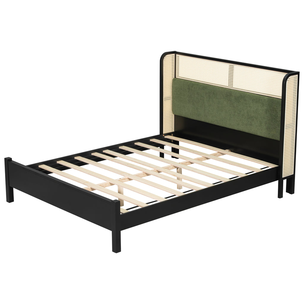Queen Size Bed Frame with Green Upholstered Headboard