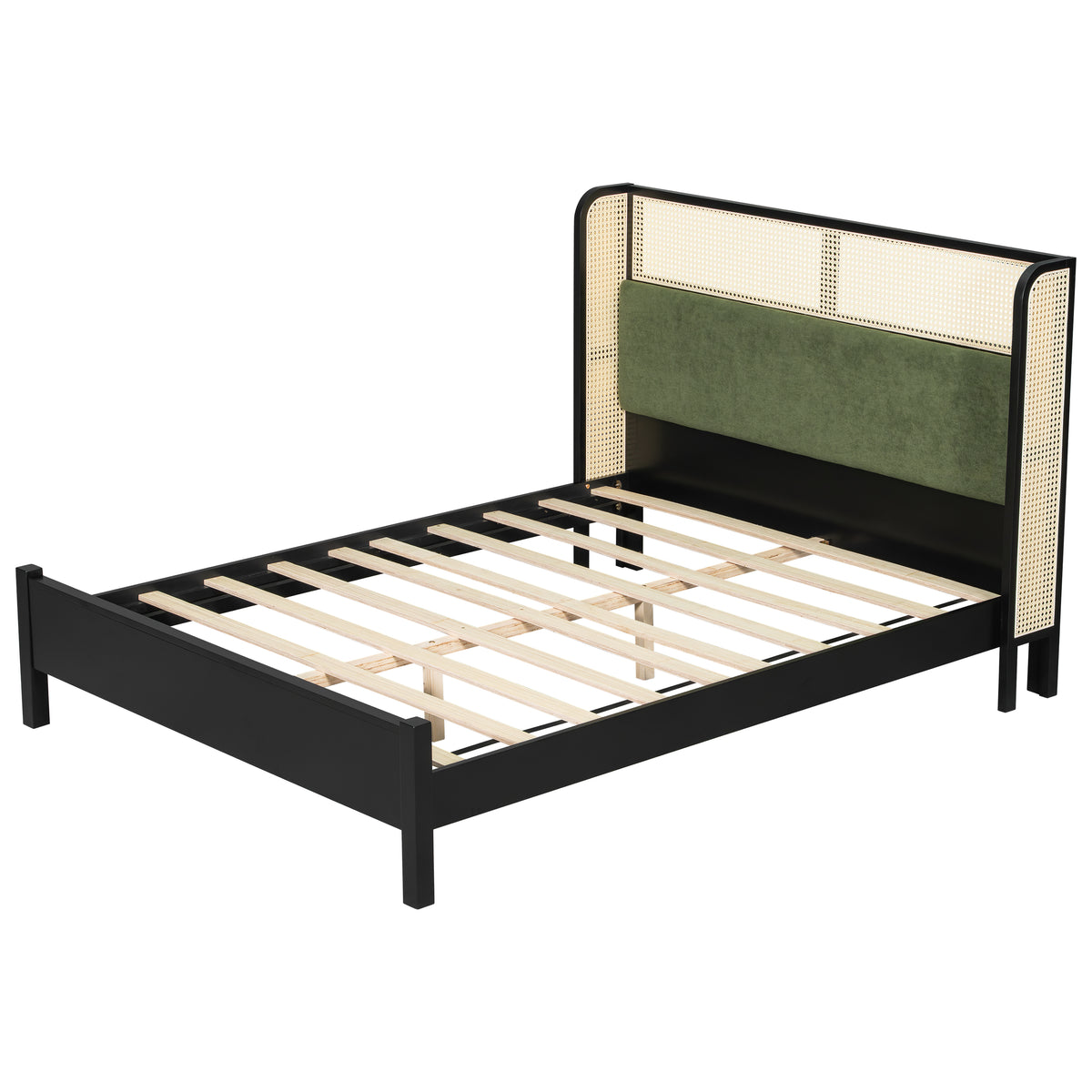 Queen Size Bed Frame with Green Upholstered Headboard