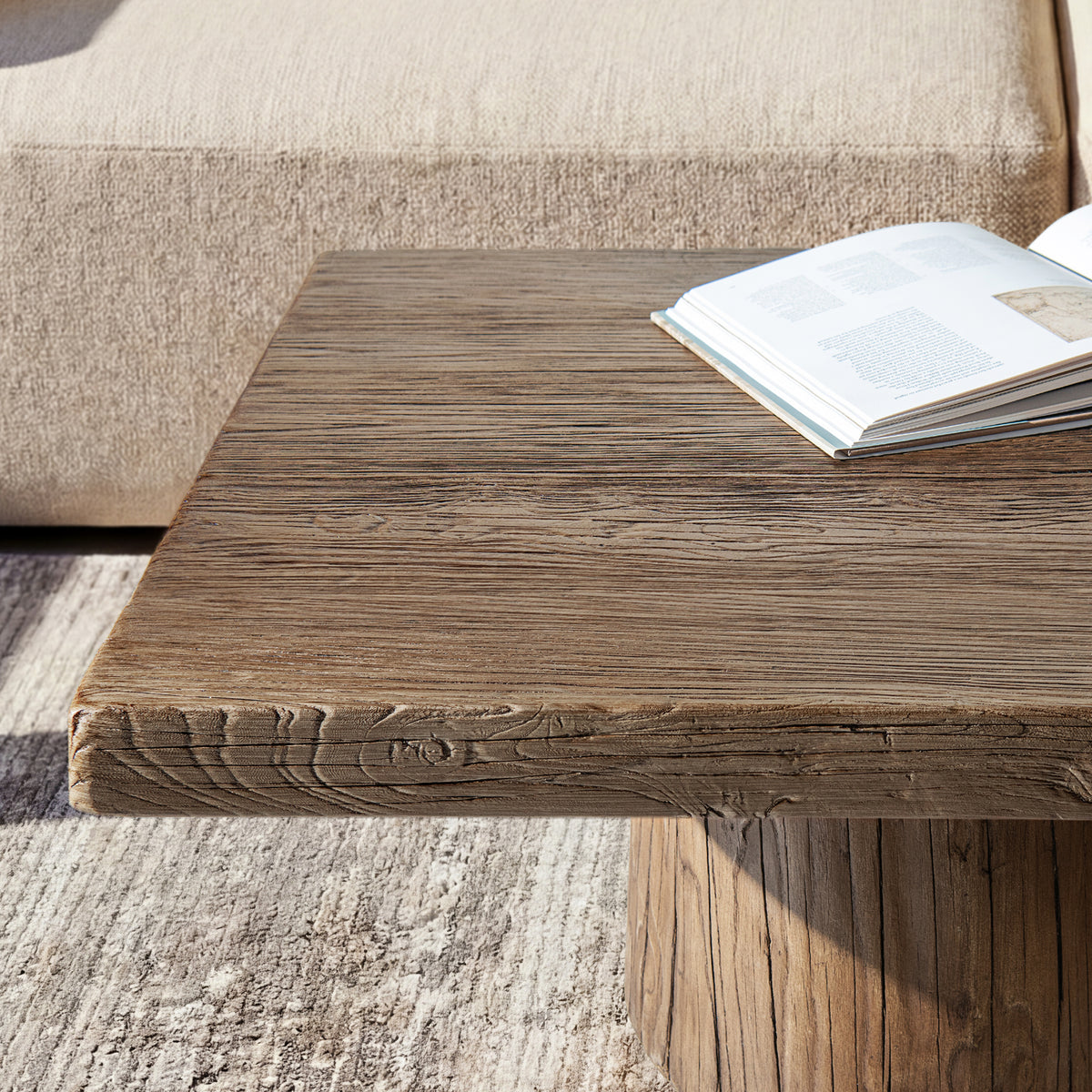Arbor 60" Solid Reclaimed Elm Rectangular Plinth Coffee Table, Heritage Medium-Dark