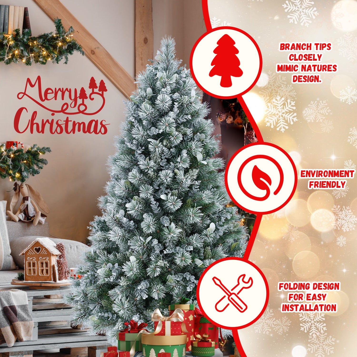 4FT Flocked Christmas Tree with Pine Needles & Eucalyptus Leaves