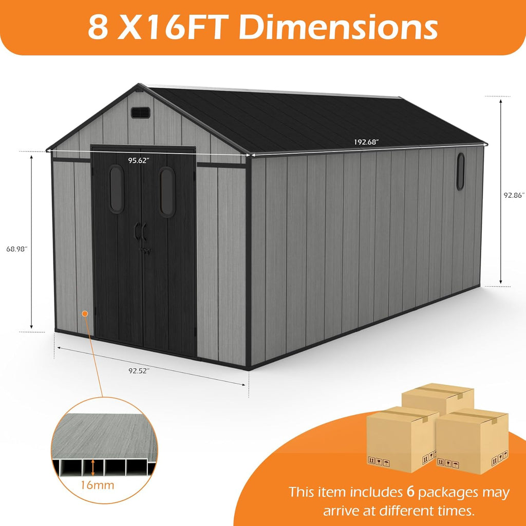 8x16Ft Resin Outdoor Storage Shed with Floor