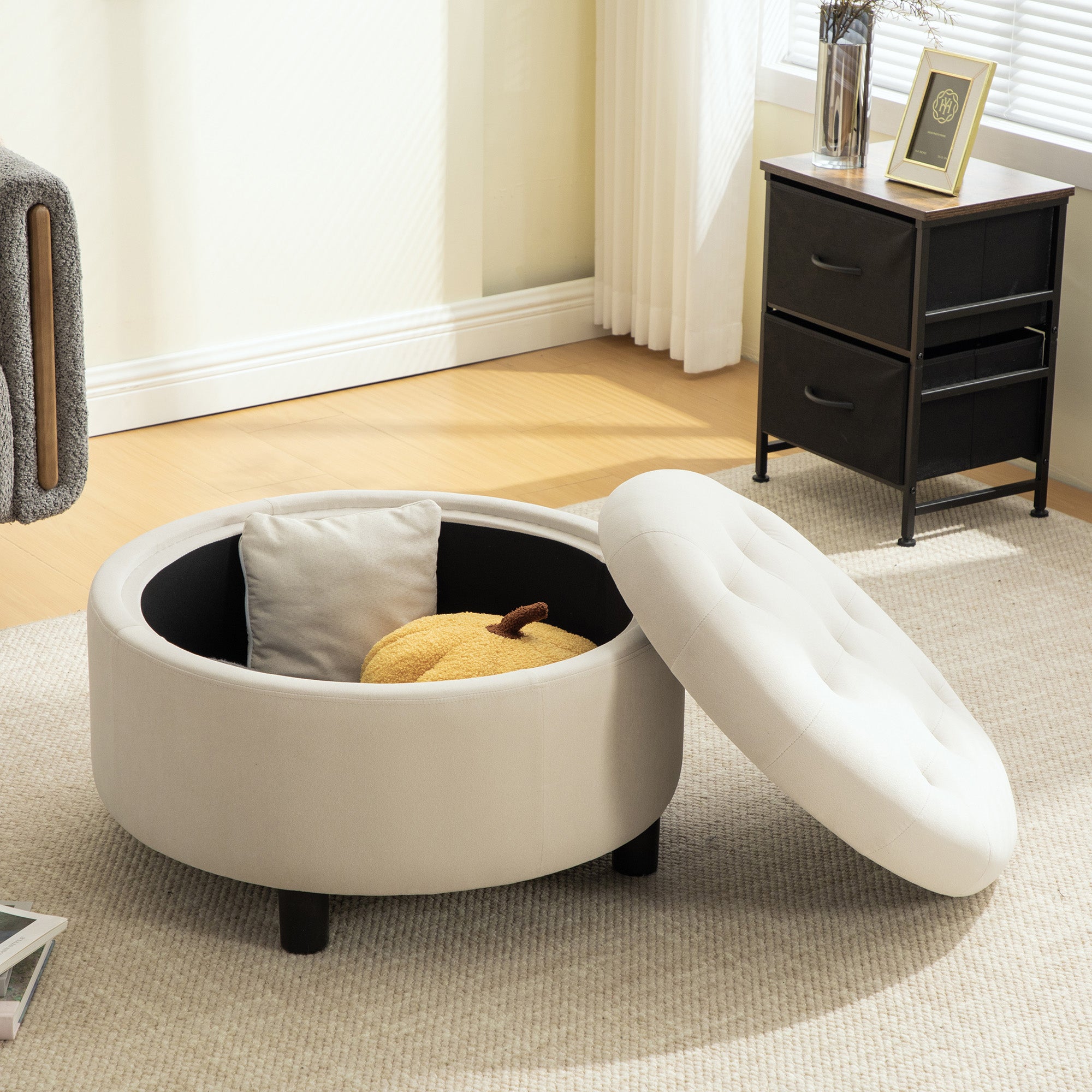 Upholstered Round Ottoman With Reversible Lid