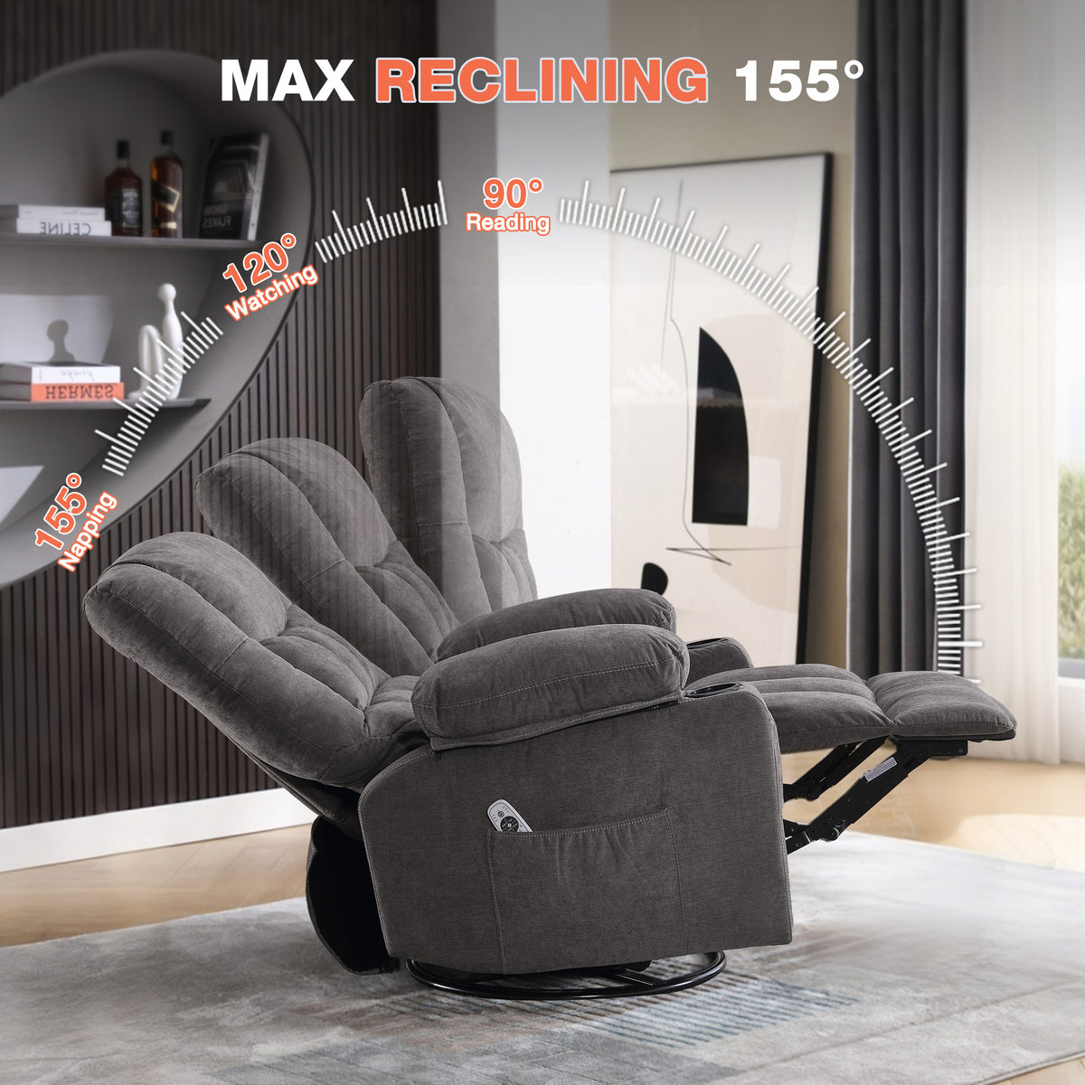 Massage Swivel Rocker Recliner Chair with Vibration Massage and Heat Ergonomic Lounge Chair for Living Room with Rocking Function and Side Pocket, 2 Cup Holders, USB Charge Port