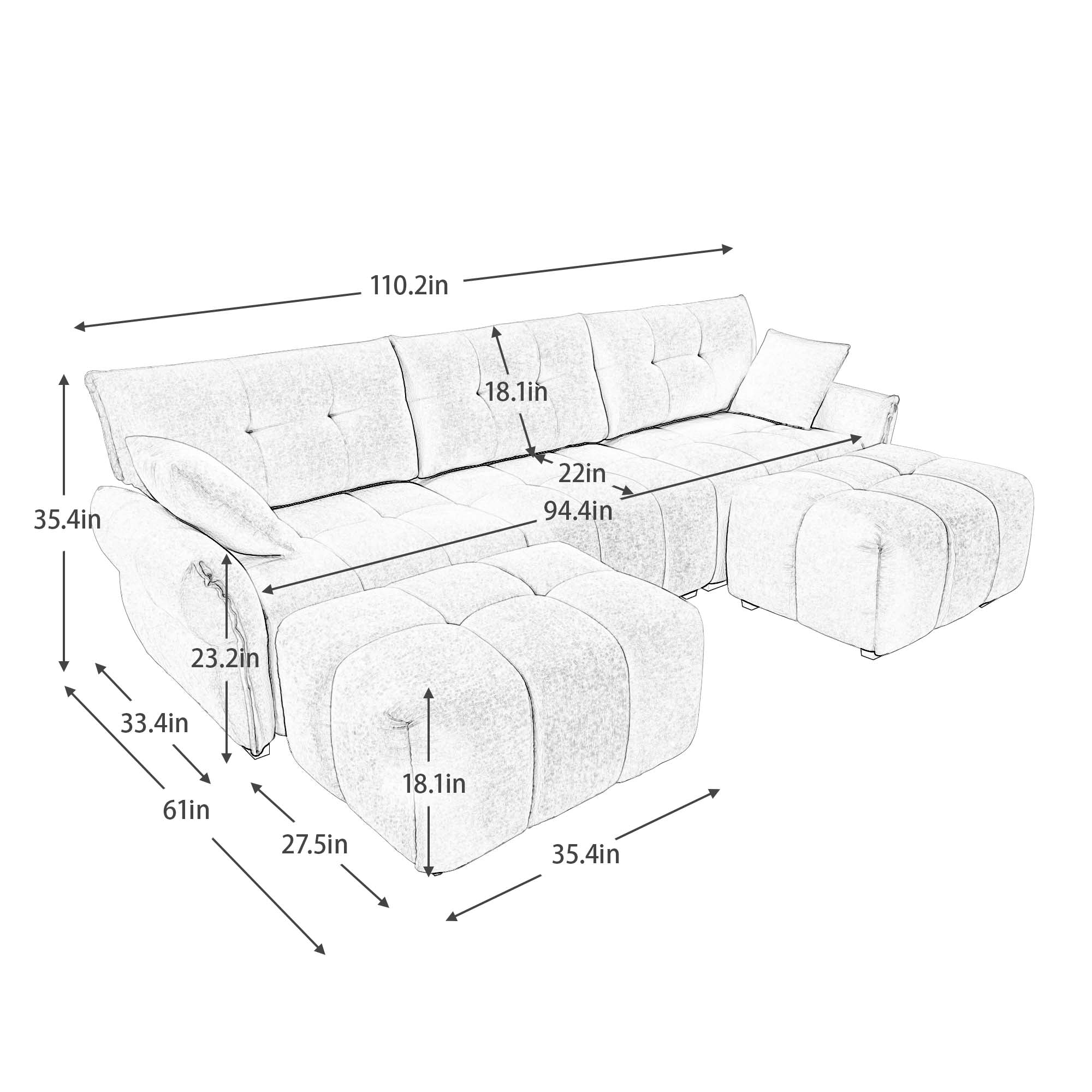 3 Seater Sofa Set With Ottoman And Throw Pillows