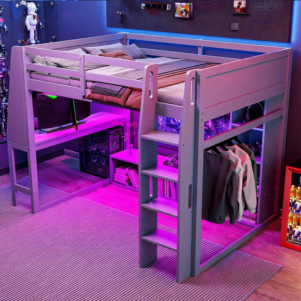 Wood Full Size Gaming Loft Bed with Desk and Multi-Storage Shelves