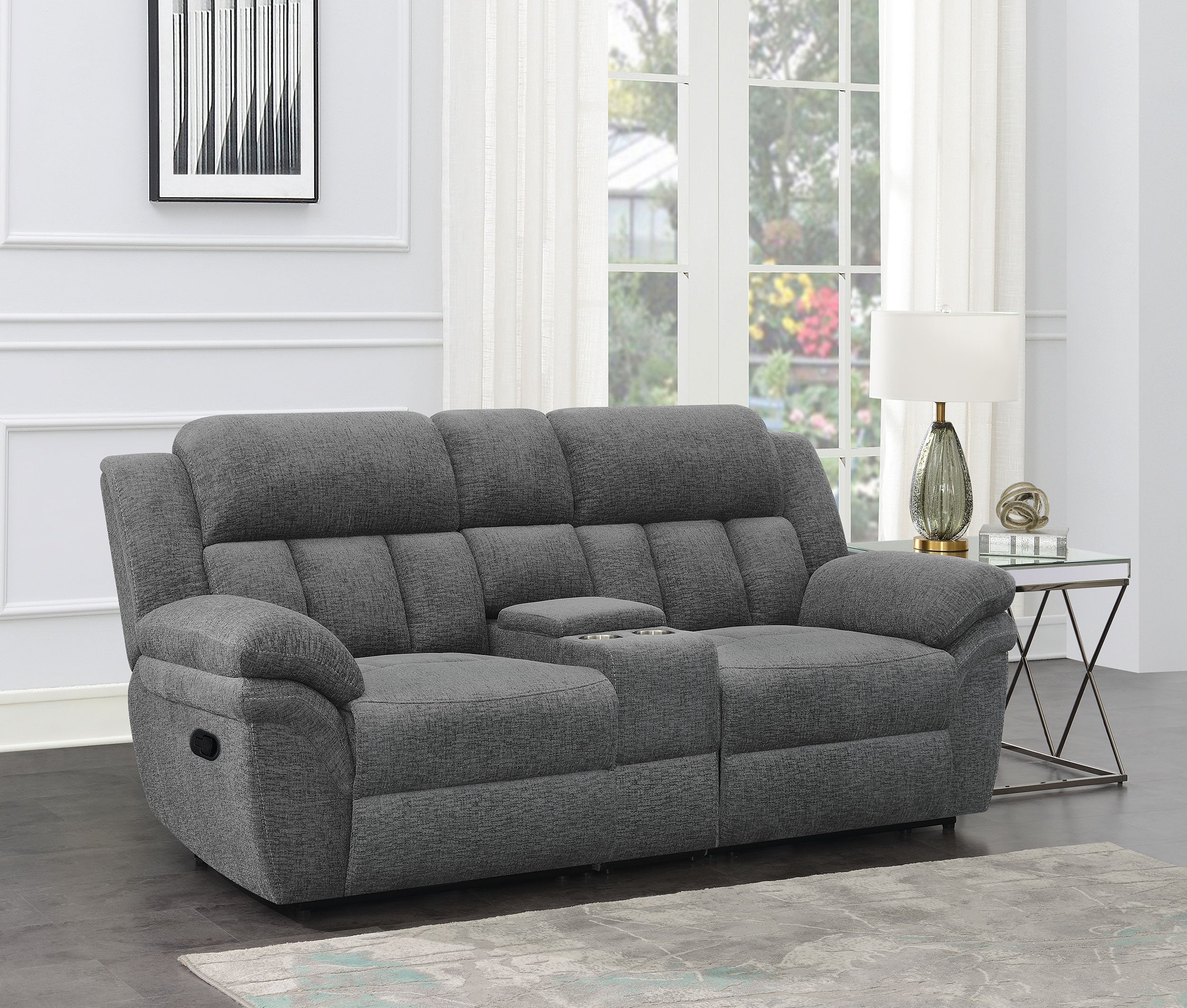 Bahrain Upholstered Motion Loveseat Charcoal-CoasterEssence