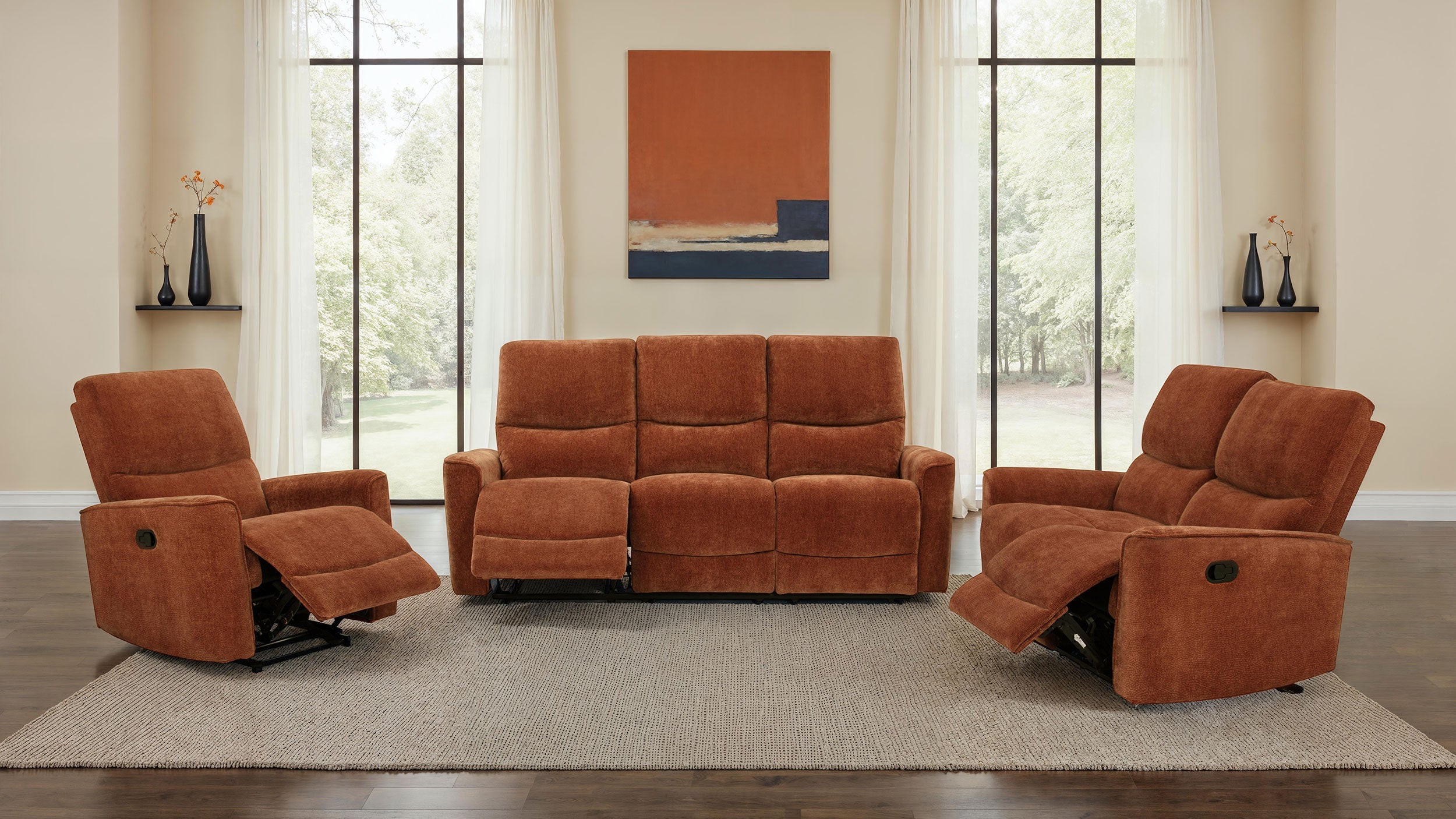 Navarro Chenille Upholstered Reclining Sofa Burnt Orange-