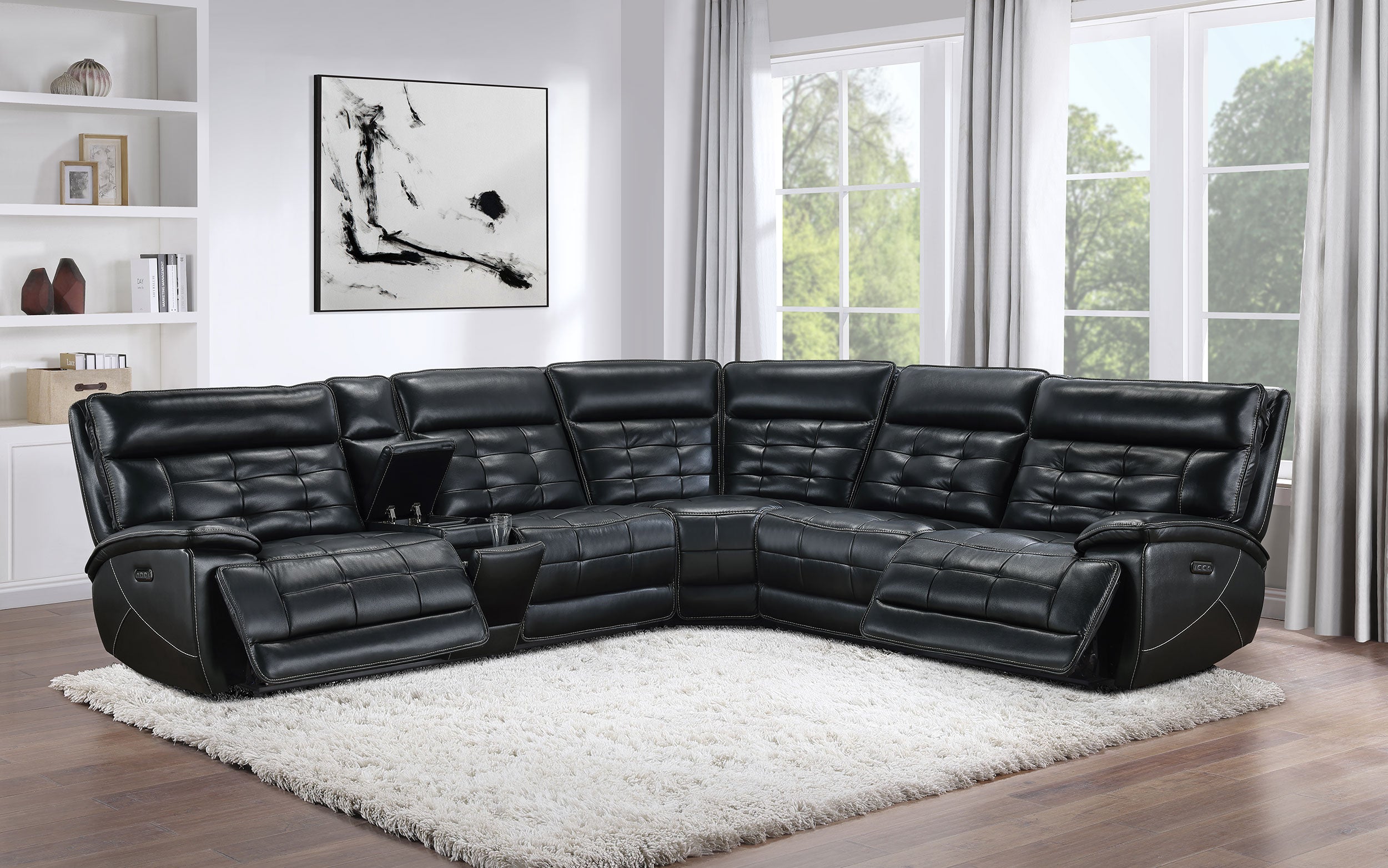 Hewitt Leather Dual Power Reclining Sectional Sofa Black-