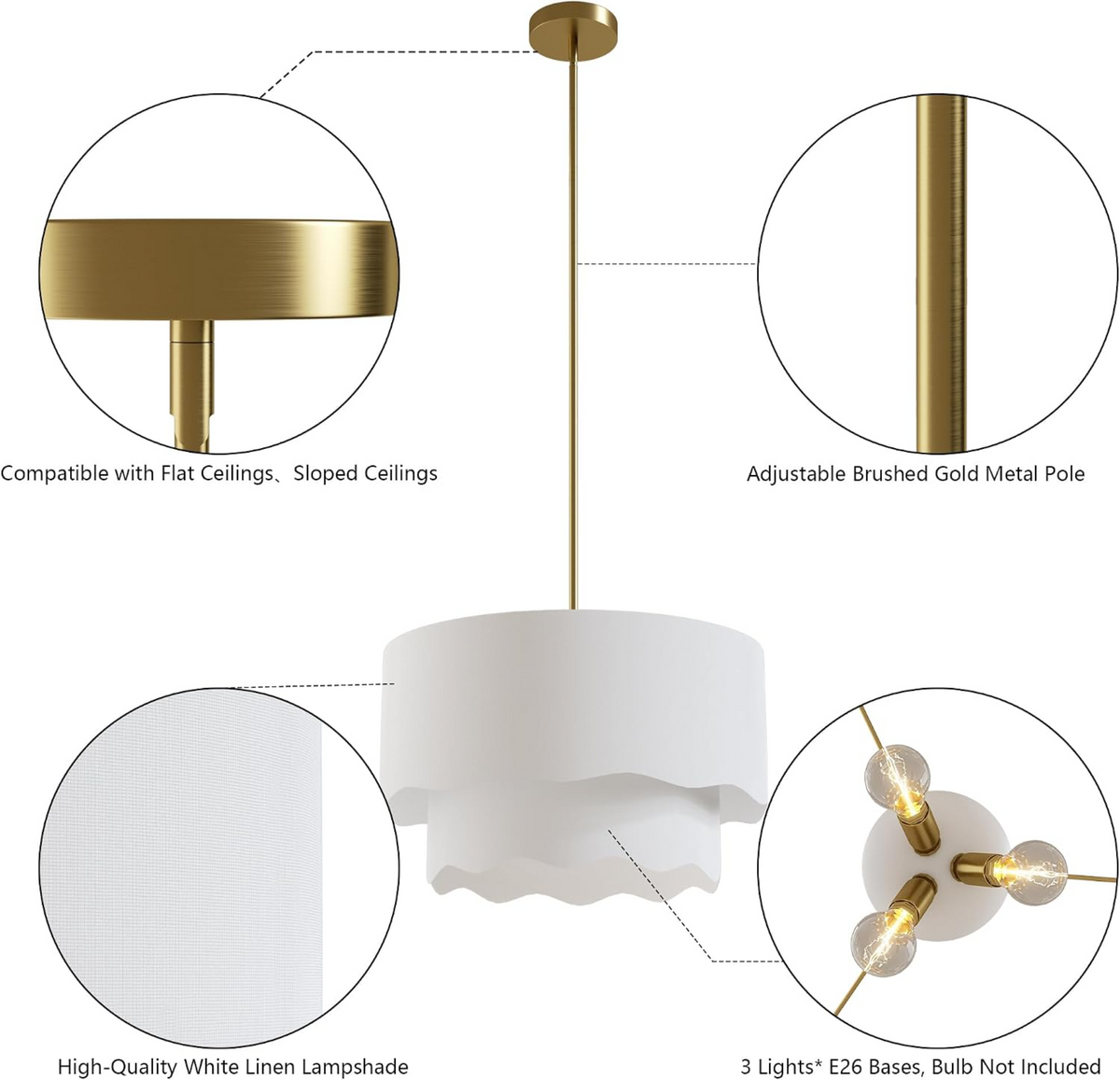 19.6-Inch Fabric Chandelier, 2-Tier Drum Pendant Light, Soft White