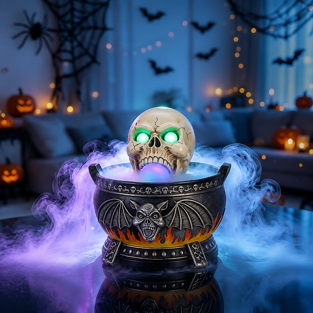 Halloween Skull Cauldron Statue with LED Light