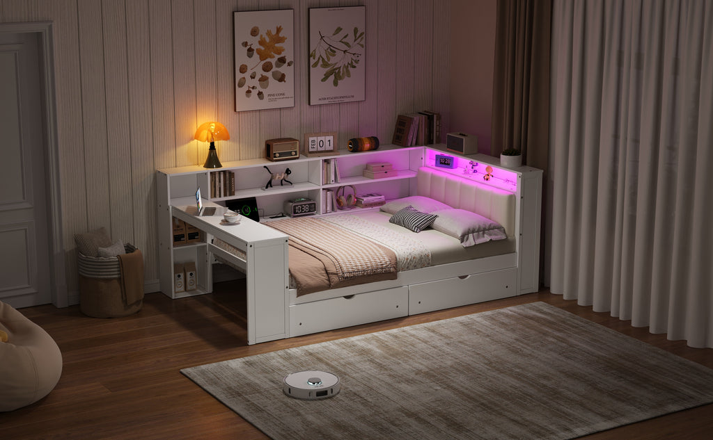 Wood Full Size Platform Bed with Storage Shelves and Charging Station