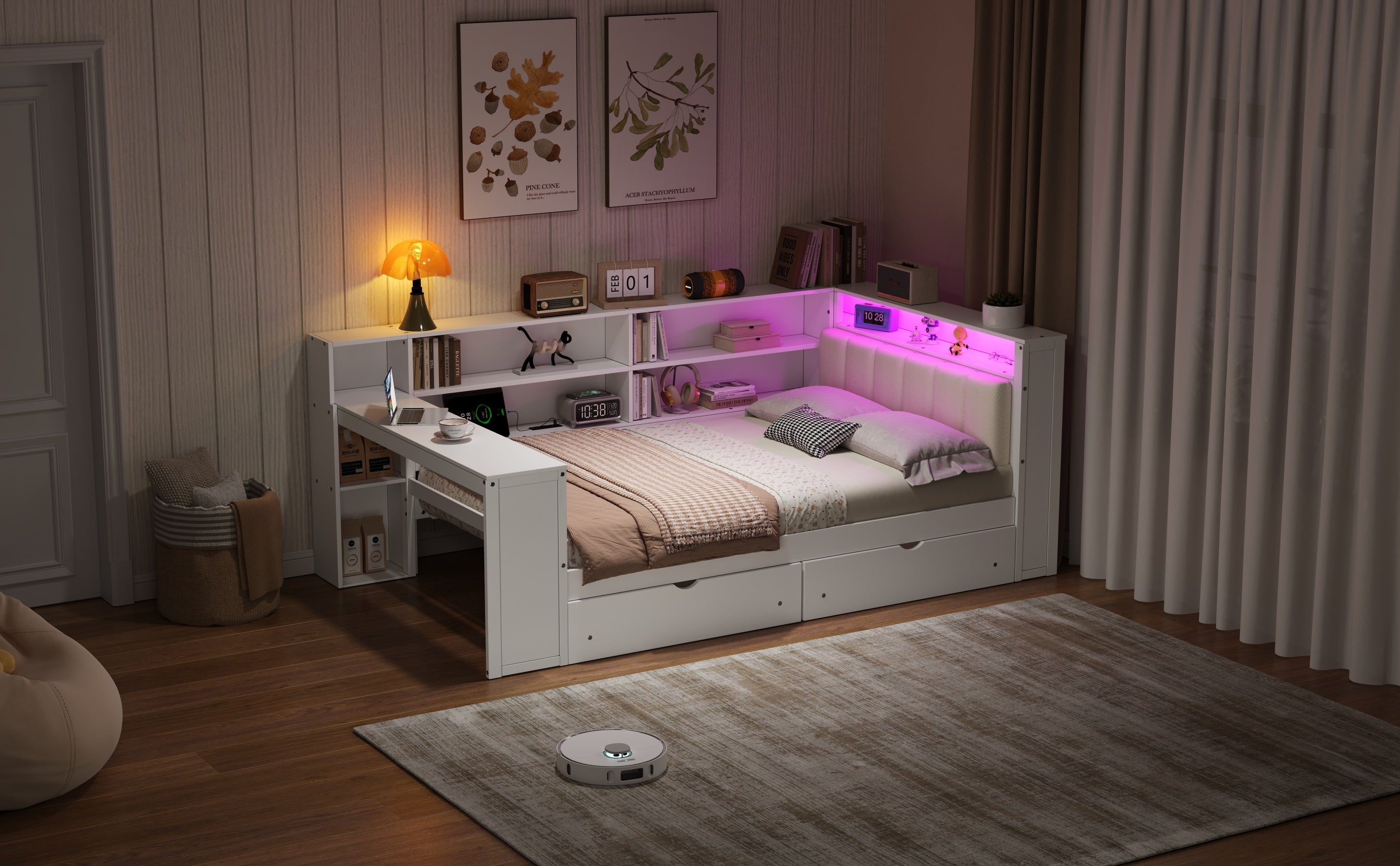 Wood Full Size Platform Bed with Storage Shelves and Charging Station