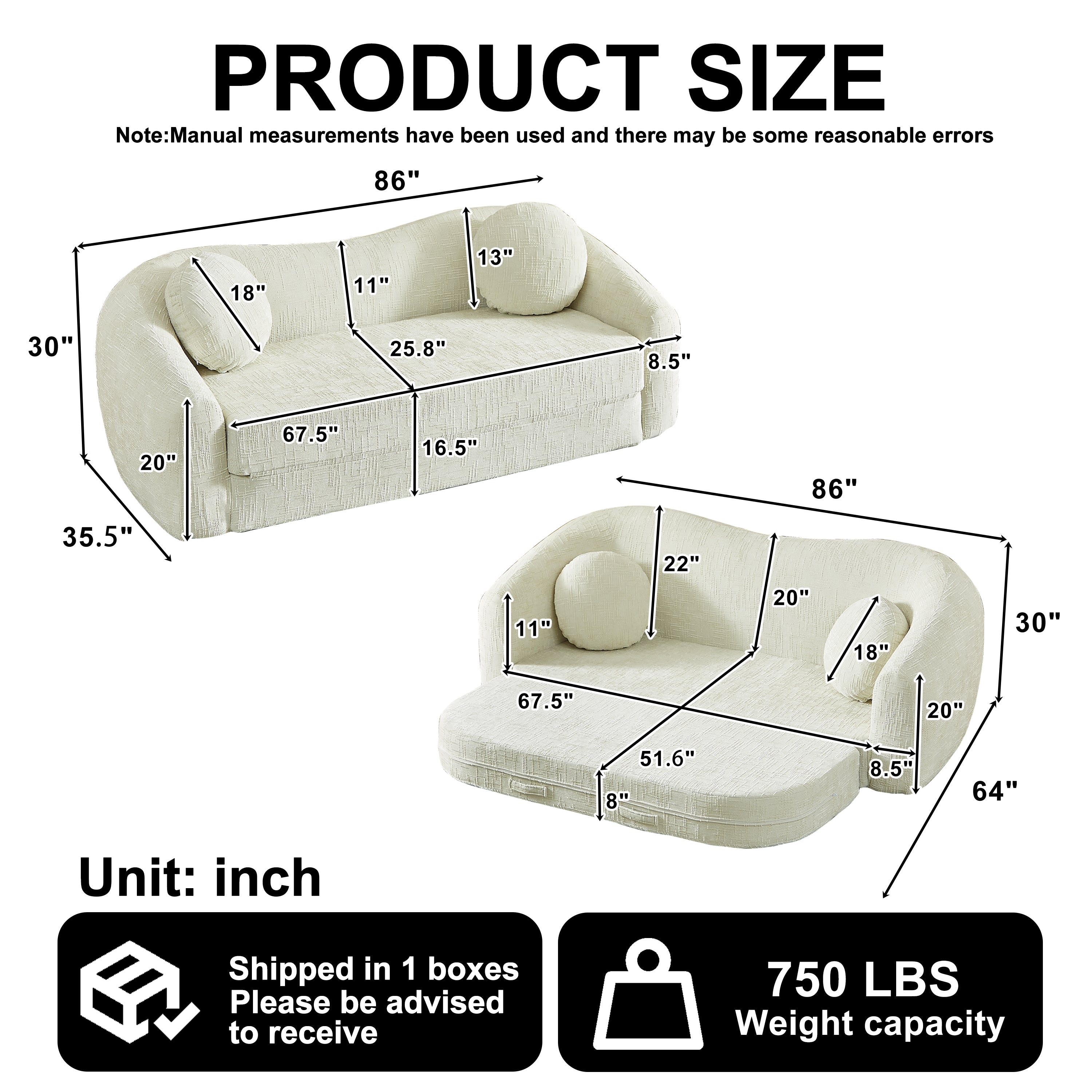 86-Inch Curved Convertible Sofa Recliner
