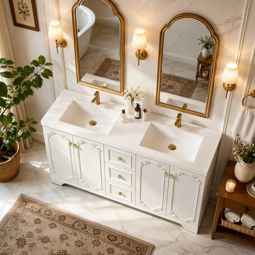 60" White French-Style Bathroom Vanity Cabinet