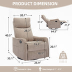 Heat Massage Manual Recliner Chair with Rocker and Swivel in Khaki