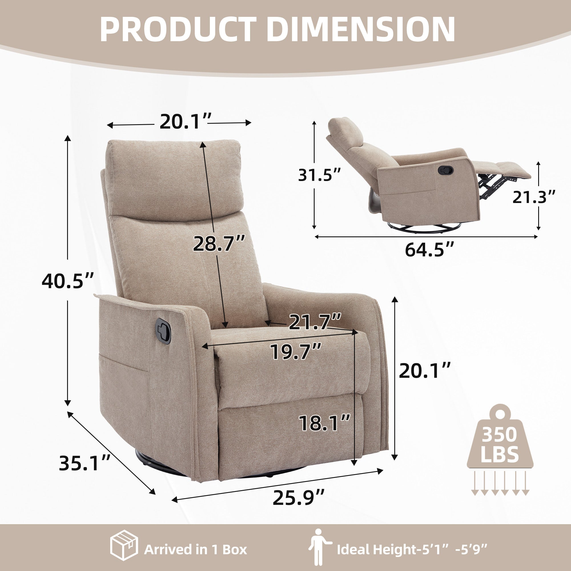 Heat Massage Manual Recliner Chair with Rocker and Swivel in Khaki