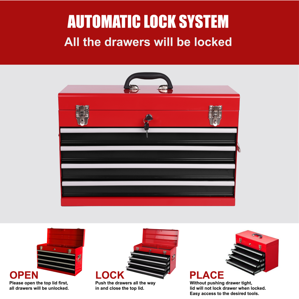Heavy Duty Metal Tool Box - 21-inch with 4 Drawers