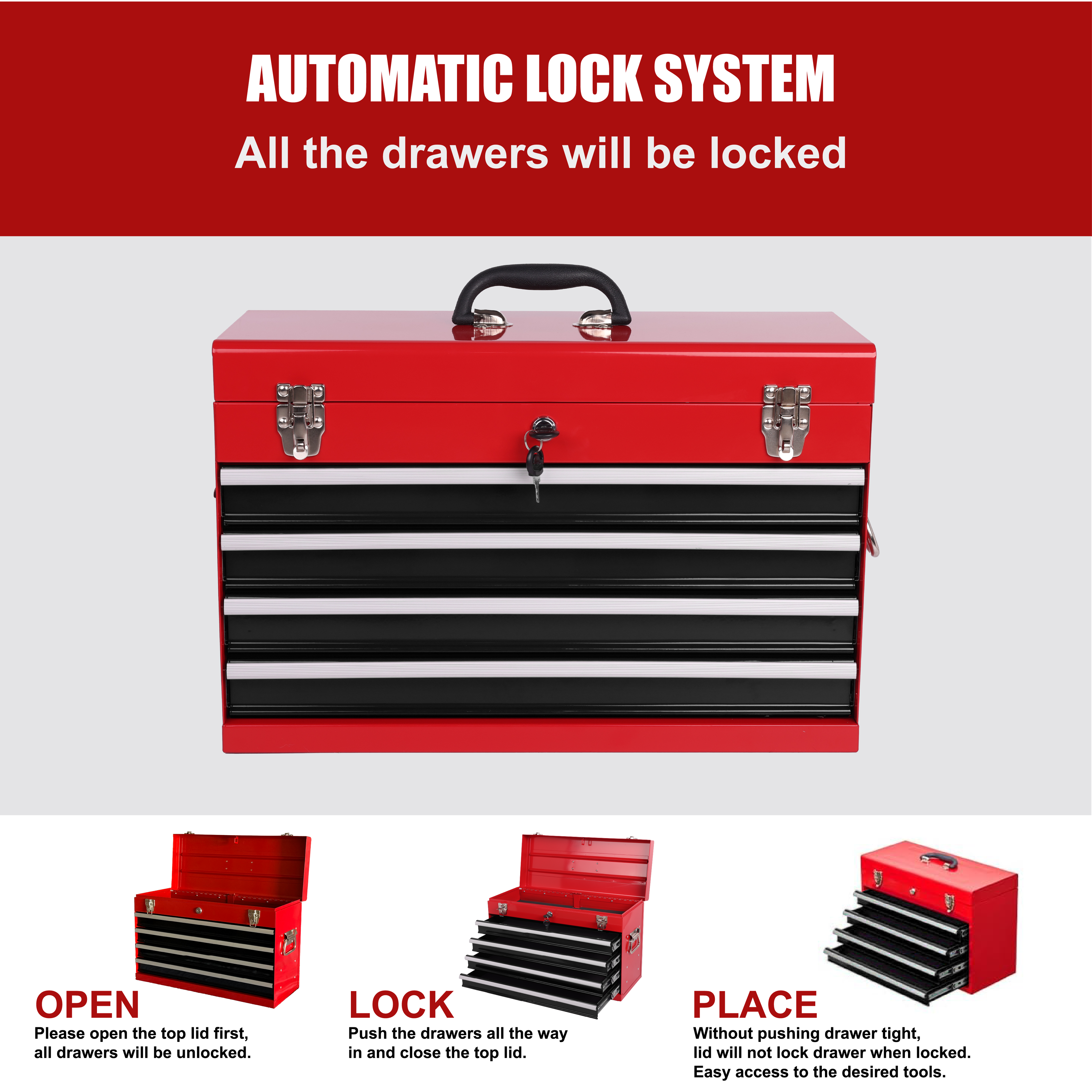 Heavy Duty Metal Tool Box - 21-inch with 4 Drawers