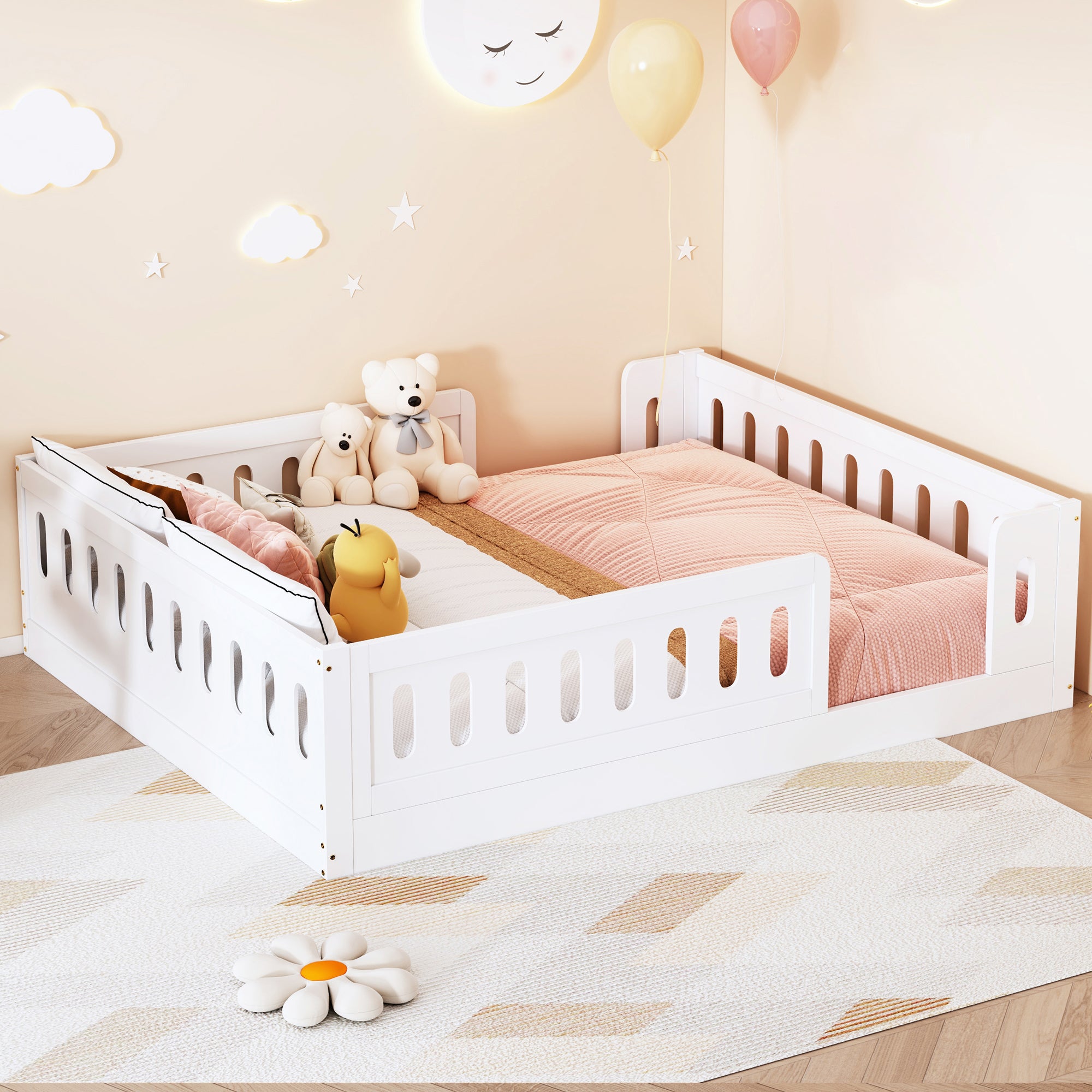 Wood Full Size Platform Bed with Guardrail