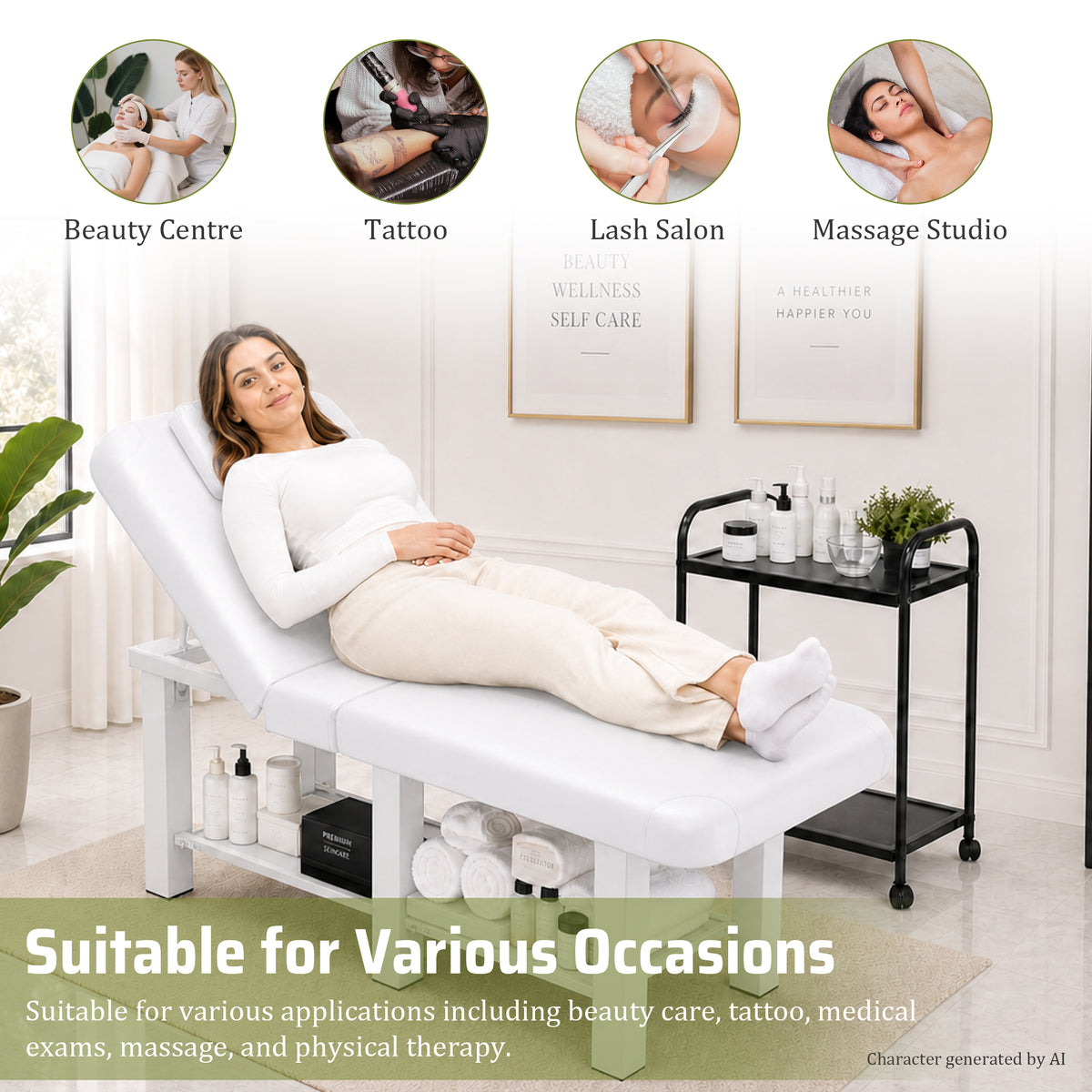 74.8-Inch Wide Massage Bed with Adjustable Backrest, Removable Headrest, White