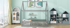 Full Size Wood House Bed with Fence and Door
