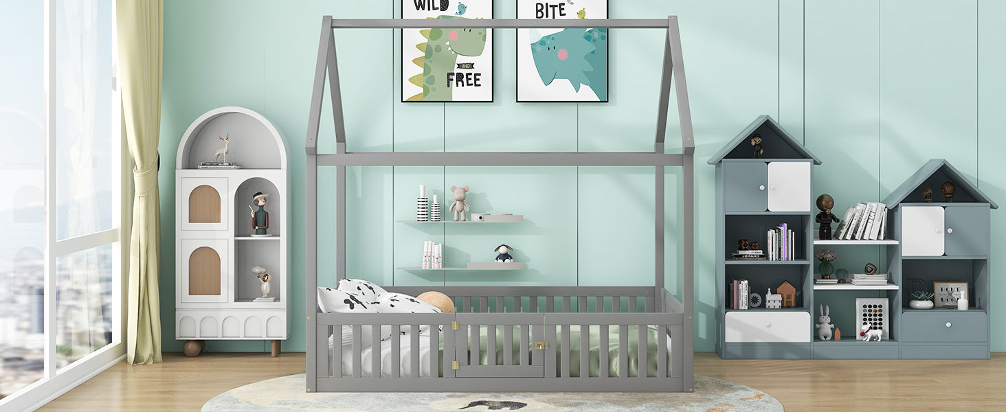 Full Size Wood House Bed with Fence and Door