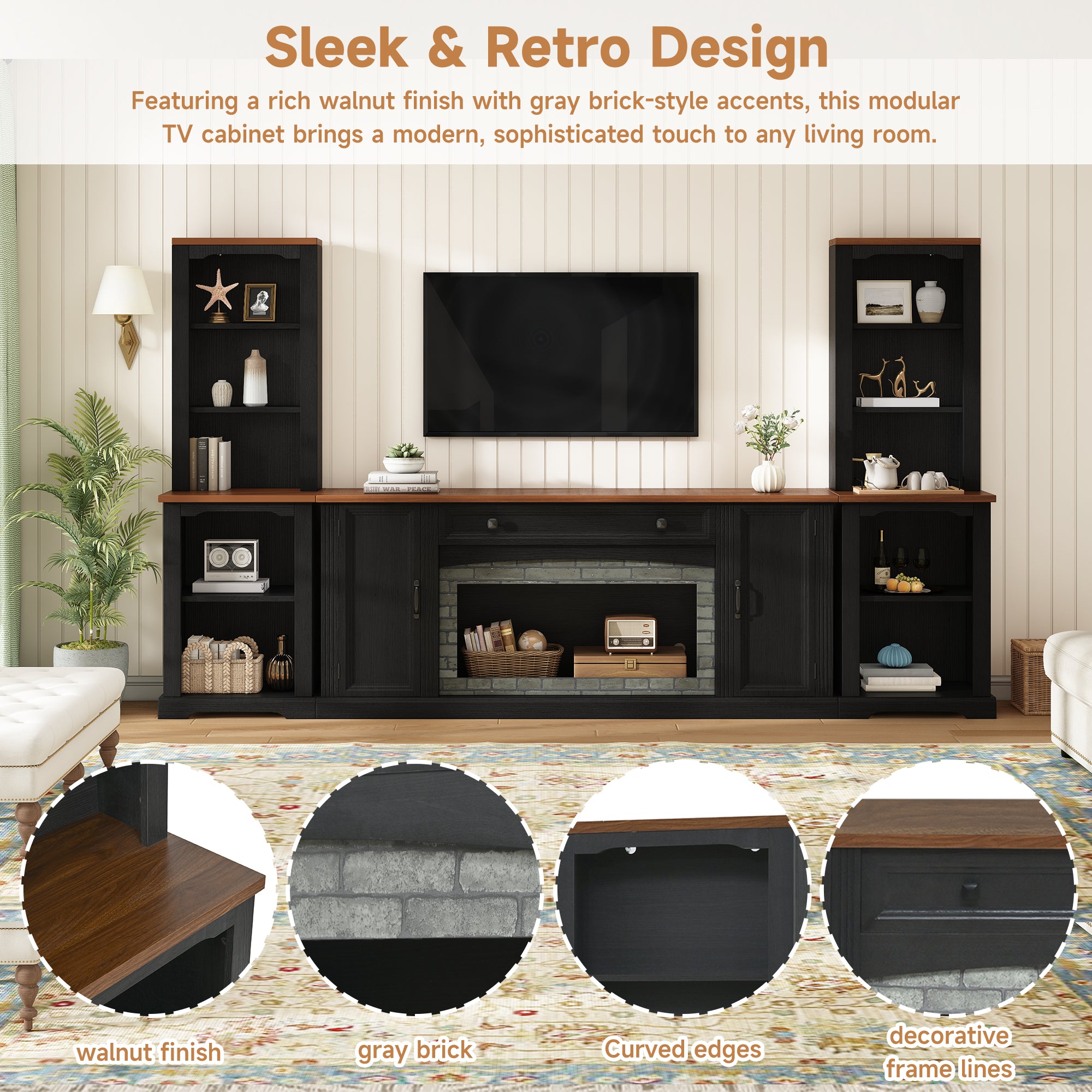 3-Piece TV Stand Set with Curved Side Cabinets